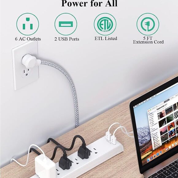 2 Pack Power Strip Surge Protector, 6 Outlets 2 USB Ports 5Ft Extension Cords - Picture 4 of 7